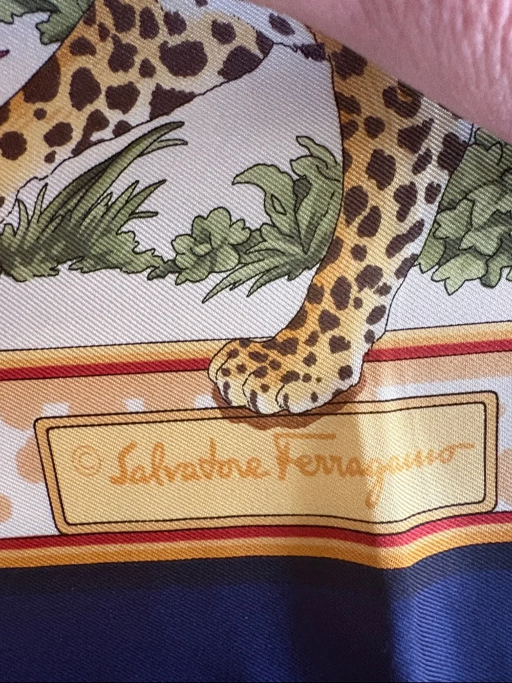 Vintage Salvatore Ferragamo Silk Elephant and Wild Cats Scarf, Navy Blue & Gold